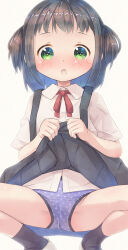 1girl :o black_hair black_skirt black_socks blush clothes_lift collared_shirt commentary_request dress_shirt green_eyes grey_background lifting_own_clothes loli looking_at_viewer neck_ribbon nose_blush open_mouth original panties pleated_skirt polka_dot polka_dot_panties pu-en purple_panties red_ribbon ribbon school_uniform shirt shoes simple_background skirt skirt_lift socks solo spread_legs squatting suspender_skirt suspenders two_side_up underwear white_shirt white_shoes