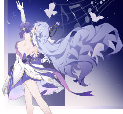1girl ^_^ absurdres arm_up backless_dress backless_outfit bare_back bare_shoulders closed_eyes detached_sleeves dress evzeva feet_out_of_frame gloves grey_hair highres honkai:_star_rail honkai_(series) long_hair musical_note robin_(honkai:_star_rail) short_sleeves solo standing very_long_hair white_dress white_gloves