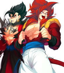 black_hair blue_sash body_fur dragon_ball dragon_ball_gt dragon_ball_heroes earrings fusion fusion_dance gogeta jewelry metamoran_vest monkey_boy monkey_tail muscular muscular_male ommmyoh potara_earrings red_fur red_hair sash spiked_hair super_saiyan super_saiyan_4 tail time_patrol_(dragon_ball) vegetto vegetto_(xeno)