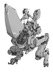 1girl absurdres abyssal_ship alexcipriano android arm_cannon belly breasts chi-class_torpedo_cruiser commission covered_eyes expressionless flaming_eye greyscale highres joints kantai_collection mask mechanical_legs mechanization medium_breasts medium_hair monochrome navel robot_joints shield teeth weapon