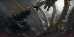 aircraft airplane conjoined duan_henglong godzilla godzilla_(2014) godzilla_(monsterverse) godzilla_(series) highres jet kaiju king_ghidorah legendary_pictures md5_mismatch monster monsterverse multiple_heads no_humans open_mouth sky smoke toho wings