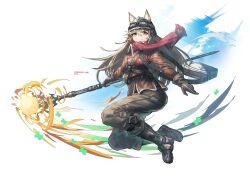 1girl absurdres animal_ears artist_name black_boots black_hat boots brown_eyes brown_hair brown_jacket brown_pants closed_mouth commentary commission ears_through_headwear english_commentary fox_ears fox_girl franlol full_body goggles goggles_on_headwear hair_between_eyes hat highres holding holding_staff jacket long_hair long_sleeves looking_at_viewer original pants red_scarf scarf simple_background smile solo staff white_background