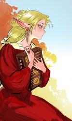 1girl blonde_hair book commentary deedlit dress earrings elf english_commentary green_eyes highres holding holding_book jewelry long_hair long_pointy_ears olivetart outdoors pointy_ears record_of_lodoss_war red_dress solo