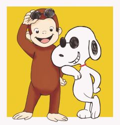 2boys adjusting_eyewear animal_ears animal_focus black_eyes border choker commentary_request crossed_legs crossover curious_george dog dog_ears floppy_ears full_body furry george_(curious_george) grin hand_on_eyewear hand_on_own_hip leaning_on_person looking_at_viewer monkey multiple_boys open_mouth peanuts_(comic) red_choker round_eyewear simple_background smile snoopy straight-on sunglasses white_border witoi_(roa) yellow_background