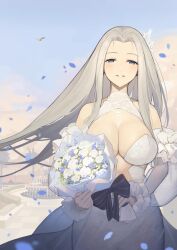 1girl azur_lane bird blue_eyes blue_sky bouquet dress flower holding holding_bouquet jewelry necklace non-web_source outdoors park petals sky smile solo wedding wedding_dress white_dress yorktown_(azur_lane) yorktown_(towards_tomorrow&#039;s_brilliant_breeze)_(azur_lane)
