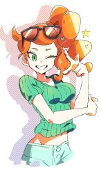 1girl aqua_eyes aqua_shirt black-framed_eyewear bo_illustration breasts collarbone cropped_torso denim eyewear_on_head grin hair_ornament heart heart_hair_ornament highres jeans long_hair medium_breasts midriff nintendo no_coat one_eye_closed orange-tinted_eyewear orange_hair pants pokemon pokemon_swsh ribbed_shirt shirt side_ponytail smile solo sonia_(pokemon) sunglasses swept_bangs tinted_eyewear v-neck wavy_hair