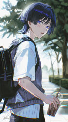 Rule 34 | 1boy, absurdres, backpack, bag, blue eyes, blue hair, blunt ends, cup, disposable cup, genshin impact, grey sweater vest, highres, holding, holding cup, looking at viewer, male focus, maria (maria rose), outdoors, parted lips, scaramouche (genshin impact), shirt, short sleeves, signature, solo, standing, sweater vest, tree, upper body, white shirt