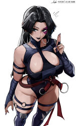 1girl absurdres aelion_draws bare_shoulders black_hair black_lips breasts earrings from_above groin highres hoop_earrings jewelry kuji-in large_breasts leotard long_hair marvel marvel_rivals parted_bangs partially_visible_vulva psylocke psylocke_(vengeance) purple_nails simple_background solo thigh_strap thighhighs thighs white_background x-men
