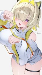 Rule 34 | 1girl, colored inner hair, cropped sweater, elegg (nikke), exposed pocket, goddess of victory: nikke, grey shorts, hair intakes, hair over eyes, highres, long bangs, micro shorts, multicolored hair, noisy ma, purple eyes, shorts, simple background, solo, suspender shorts, suspenders, sweater, white background