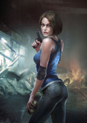 1girl absurdres beretta_92 blue_eyes blue_pants blue_shirt brown_hair explosive fire fragmentation_grenade grenade gun hand_grenade handgun highres holding holding_gun holding_weapon jill_valentine looking_at_viewer m26_grenade pants pistol resident_evil resident_evil_3:_nemesis resident_evil_3_(remake) rodion_shaldo shirt short_hair weapon wreckage
