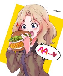 1girl :d amogan black_shirt blonde_hair blue_eyes blush_stickers brown_jacket candle chicken_sandwich commentary dated emblem food girls_und_panzer hair_intakes heart highres holding holding_food jacket kay_(girls_und_panzer) lettuce long_sleeves medium_hair military military_uniform open_clothes open_jacket open_mouth pickle saliva saunders_military_uniform shirt smile solo speech_bubble star_(symbol) upper_body