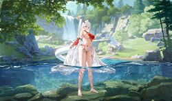 1girl absurdres azur_lane bare_legs bare_shoulders barefoot breasts bubble chinese_clothes day detached_sleeves dragon_girl dragon_horns dragon_tail dudou feet forest full_body fundoshi grass hair_on_horn hand_on_own_thigh highleg highres horns japanese_clothes large_breasts legs long_hair long_sleeves looking_at_viewer midriff mimoza_(96mimo414) nature navel non-web_source official_alternate_costume official_art outdoors panties parted_lips partially_submerged partially_underwater_shot red_eyes red_skirt revealing_clothes rock scenery shimanto_(azur_lane) shimanto_(the_relaxing_dragon_god)_(azur_lane) sideboob skirt solo standing stomach tail thighs toenails toes tree underboob underwear very_long_hair wading water waterfall wet white_hair white_panties white_tail wide_sleeves