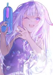1girl ;d absurdres chest_jewel gem highres holding holding_water_gun hololive hololive_english jewel_under_eye long_hair one-piece_swimsuit one_eye_closed open_mouth purple_eyes purple_gemstone purple_hair purple_one-piece_swimsuit simple_background smile solo swimsuit uoca virtual_youtuber water water_gun white_background