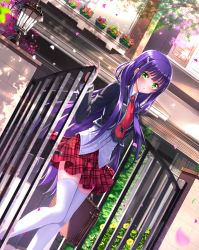 10s 1girl :o anne_happy arm_at_side blazer blonde_hair blurry blush brick_wall briefcase building bush buttons cherry_blossoms collared_shirt cropped_jacket curtains dappled_sunlight depth_of_field dress_shirt dutch_angle female_focus flower gate glass hair_ornament hairclip hibarigaoka_ruri highres holding jacket knees_together_feet_apart long_hair long_sleeves looking_at_viewer necktie open_clothes open_jacket outdoors petals pink_flower plant pleated_skirt potted_plant purple_hair red_necktie school_briefcase school_uniform shade shirt skirt solo spring_(season) sunlight swordsouls thighhighs tie_clip tree tree_shade white_shirt white_thighhighs zettai_ryouiki