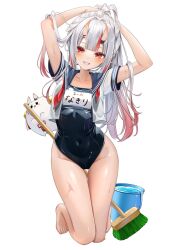 Rule 34 | 1girl, alternate costume, arms up, barefoot, blue one-piece swimsuit, blue sailor collar, breasts, bucket, center-flap bangs, character name, commentary request, covered navel, full body, gradient hair, grey hair, grin, hair between horns, highleg, highleg one-piece swimsuit, highres, hololive, horns, kneeling, long hair, looking at viewer, multicolored hair, nakiri ayame, name tag, ohagetty, one-piece swimsuit, oni, poyoyo (nakiri ayame), red eyes, red hair, sailor collar, sailor shirt, school swimsuit, see-through clothes, see-through shirt, shirt, short sleeves, simple background, skin-covered horns, small breasts, smile, solo, straight-on, streaked hair, swimsuit, thigh gap, tying hair, virtual youtuber, water, wet, wet clothes, wet shirt, white background, white shirt