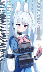 1girl absurdres ammunition_pouch animal_ear_headphones animal_ears birch_tree blue_archive blue_halo blue_shirt blue_skirt blush bulletproof_vest cellphone cobe commentary fake_animal_ears forest hair_between_eyes halo headphones highres holding holding_phone long_hair long_sleeves looking_at_phone miyako_(blue_archive) nature neckerchief one_side_up open_mouth outdoors phone pink_neckerchief pleated_skirt pouch purple_eyes rabbit_ears sailor_collar shirt sidelocks silk skirt smartphone snow snowing solo spider_web standing sweatdrop tree very_long_hair white_hair white_headphones white_sailor_collar white_sleeves