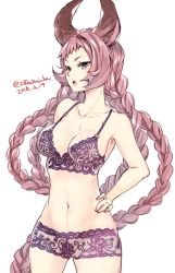 1girl 218 animal_ears bare_shoulders bra braid collarbone dated female_focus granblue_fantasy green_eyes groin hand_on_own_hip lingerie long_hair navel pink_hair simple_background solo tien_(granblue_fantasy) twitter_username underwear white_background