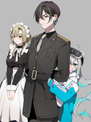 1boy 2girls ade_(nikke) ahoge apron arms_behind_back belt belt_buckle black_dress black_jacket black_pants black_shirt blonde_hair blush bow braid braided_bun breasts brown_hair buckle chewing_gum collared_shirt commander_(nikke) cowboy_shot dress epinel_(nikke) frills glasses goddess_of_victory:_nikke green_eyes green_hair green_jacket grey_background grey_hair hair_bun head-mounted_display highres hood hood_down hoodie hug hug_from_behind jacket large_breasts long_hair long_sleeves maid maid_headdress male_focus military_uniform multicolored_hair multiple_girls necktie nnn_chisi pants ponytail shirt sleeves_past_wrists standing star_sticker streaked_hair v_arms very_long_hair waist_apron white_bow white_hoodie white_necktie wrist_cuffs yellow_eyes