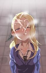 1girl assam_(girls_und_panzer) blonde_hair blush cum cum_on_body cum_on_hair facial girls_und_panzer looking_at_viewer one_eye_closed open_mouth purple_eyes solo st._gloriana&#039;s_school_uniform tsutsumori