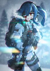 1girl absurdres ammunition_pouch aria_(jestami) artist_name assault_rifle asymmetrical_hair backpack bag battlefield_(series) battlefield_2042 blood blood_on_face blue_hair bulletproof_vest canadian_flag chromatic_aberration commentary crossed_bangs cuts elbow_pads english_commentary english_text eyepatch feet_out_of_frame full_body gloves glowing gun hair_between_eyes headset high_collar highres holding holding_gun holding_weapon holster injury jacket jestami jtf-2 laser_sight magazine_(weapon) military_combat_uniform military_jacket military_operator military_uniform open_mouth optical_sight orange_eyes original pants pouch rifle side_ponytail snowing solo suppressor thigh_holster trigger_discipline weapon weapon_request white_jacket white_pants
