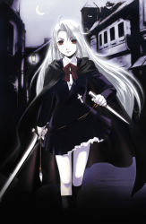 albino cloak cross latin_cross long_hair nyaou original pale_skin red_eyes solo sword weapon white_hair