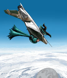 1girl aircraft airplane aqua_hair f-100 female_focus flying hatsune_miku jet outdoors pleated_skirt rxjx skirt sky solo twintails vehicle_focus vocaloid what