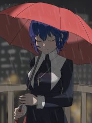 1girl blue_hair breasts ciel_(tsukihime) closed_eyes cross cross_necklace diojeager highres holding holding_umbrella jacket jewelry large_breasts long_sleeves medium_breasts necklace nun railing rain school_uniform short_hair smile solo tsukihime umbrella