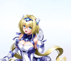 1girl antenna_hair bare_shoulders blonde_hair blue_eyes blush breasts cleavage covered_navel elbow_gloves exs-tia_spica gloves hair_between_eyes hair_intakes headgear highres katsuragi_shiori kouyoku_senki_exs-tia kozu_rokuta large_breasts leotard long_hair looking_at_viewer low_twintails magical_girl open_mouth ribbon simple_background skirt smile solo star_(symbol) twintails upper_body very_long_hair waving white_background white_gloves