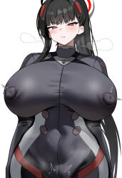 1girl absurdres black_hair blue_archive blush bodysuit breasts clenched_teeth commentary covered_erect_nipples covered_navel dush_1154 frown halo highres huge_breasts impossible_bodysuit impossible_clothes long_hair parted_lips ponytail red_eyes rio_(blue_archive) rio_(bodysuit)_(blue_archive) simple_background solo teeth very_long_hair white_background