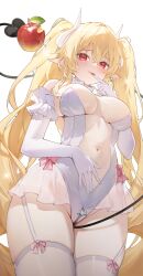 1girl absurdres apostle_(dungeon_and_fighter) ashtarte_(dungeon_and_fighter) bare_shoulders battle_mage_(dungeon_and_fighter) between_legs blonde_hair breasts breasts_apart choker chukibabo2 closed_mouth covered_navel cowboy_shot crotch_zipper demon_horns demon_tail dungeon_and_fighter elbow_gloves female_mage_(dungeon_and_fighter) finger_to_tongue frilled_choker frilled_gloves frilled_leotard frills garter_straps glint gloves hand_on_own_stomach hand_up highleg highleg_leotard highres horns large_breasts leotard long_hair looking_at_viewer naughty_face pointy_ears red_eyes see-through_clothes see-through_leotard sidelocks simple_background skindentation smile solo standing tail tail_between_legs thighhighs thighs tongue tongue_out twintails very_long_hair white_background white_gloves white_leotard white_thighhighs zipper_pull_tab