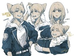 2girls character_name commentary_request cone_hair_bun double_bun fukurai_azami hair_bun hair_down hand_on_own_hip hood hood_down hoodie hug jasmine_(toshi_densetsu_kaitai_center) jumpsuit limited_palette long_sleeves looking_at_viewer looking_to_the_side multiple_expressions multiple_girls multiple_views one_eye_closed open_mouth short_hair simple_background smile standing sweatdrop toshi_densetsu_kaitai_center translation_request waltz_(tram) white_background