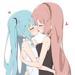 2girls bare_arms blue_hair blush breast_press brown_hairband closed_eyes collared_shirt commentary_request french_kiss giryu hairband hand_on_another&#039;s_waist hatsune_miku heart highres kiss long_hair megurine_luka multiple_girls pink_hair shirt simple_background sleeveless sleeveless_shirt sweat symmetrical_docking tongue tongue_out twintails upper_body vocaloid white_background white_shirt yuri