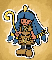 1girl alternate_skin_color black_socks blue_hair brown_shirt brown_shoes brown_shorts dark-skinned_female dark_skin earrings facial_mark full_body gold grin hair_bobbles hair_ornament highres holding holding_scepter hoop_earrings jewelry long_hair mario_(series) mcsquiddies michigami_nareko nintendo paper_mario paper_mario_(style) parody scepter shirt shoes short_sleeves shorts simple_background smile socks solo style_parody touhou triangle triangle_facial_mark usekh_collar