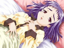1girl bed blush game_cg maruto! purple_hair red_eyes watashi_ni_konya_ai_ni_kite yuuki_misago