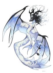ankle_fins antlers black_fur blue_wings character_request dragon dragon_village_(series) dragon_village_collection full_body gradient_horns highres hooves horns mane monster monster_focus multicolored_horns no_humans simple_background solo star_(symbol) tianlang_fenghuo white_background white_fur wings