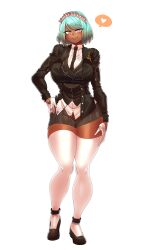 Rule 34 | 1girl, absurdres, breasts, commission, dark-skinned female, dark skin, fang, final fantasy, final fantasy xiv, full body, gintm, gloves, green hair, hand on own hip, heart, highres, large breasts, long sleeves, looking at viewer, maid headdress, miniskirt, miqo&#039;te, open mouth, pink eyes, short hair, simple background, skindentation, skirt, slit pupils, solo, speech bubble, spoken heart, standing, thick thighs, thighhighs, thighs, tongue, warrior of light (ff14), white background, zettai ryouiki