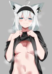 1girl absurdres animal_ears black_shirt clothes_lift facing_viewer fox_ears highres hololive lifting_own_clothes namekonnn navel shirakami_fubuki shirt shirt_lift virtual_youtuber white_hair