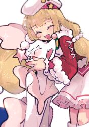 2girls :d alternate_color blonde_hair blush closed_eyes dress fangs fur_trim furry gen_7_pokemon hat hug jewelry lillie_(holiday_2024)_(pokemon) lillie_(pokemon) long_hair long_sleeves multiple_girls necklace nintendo official_alternate_costume open_mouth pearl_necklace pokemon pokemon_(creature) pokemon_masters_ex primarina red_sleeves shiny_pokemon simple_background skin_fangs smile sstoh standing starfish_hair_ornament white_background white_dress white_hat