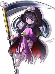 1girl absurdres artist_name barefoot black_hair body_markings cloak colored_skin dated death_alma emil_chronicle_online highres holding holding_scythe hood hooded_jacket jacket purple_eyes purple_skin scythe shinigami yanapy