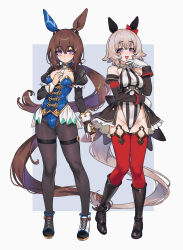 2girls adapted_costume admire_vega_(umamusume) animal_ears ankle_boots asymmetrical_footwear bare_shoulders black_boots black_pantyhose blue_leotard blush boots bow brown_hair commentary curren_chan_(umamusume) detached_collar ear_bow ear_covers fake_animal_ears full_body gloves grey_hair groin hair_between_eyes highleg highleg_leotard highres horse_ears horse_girl horse_tail jacket knee_boots leotard long_hair long_sleeves low_ponytail mismatched_footwear multicolored_boots multiple_girls necktie nontraditional_playboy_bunny off-shoulder_jacket off_shoulder open_clothes open_jacket open_mouth pantyhose ponytail purple_eyes red_bow red_thighhighs sarcophage short_hair simple_background single_ear_cover smile striped_clothes striped_leotard tail thigh_strap thighhighs two-tone_boots umamusume very_long_hair white_background white_boots white_gloves white_necktie