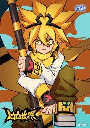 1boy aotu_world black_gloves black_hairband blonde_hair brown_pants character_name closed_mouth clothes_around_waist colored_smoke copyright_name earrings facial_mark fingerless_gloves frown full_body gloves godrose_(aotu_world) hair_between_eyes hairband holding holding_staff holding_weapon jewelry knee_up long_sleeves looking_at_viewer male_focus numbered official_art pants pointy_ears qi_chuang_she scarf shirt shoes sitting smoke solo spiked_hair staff star_(symbol) third-party_source weapon white_shirt yellow_eyes yellow_scarf yellow_shoes