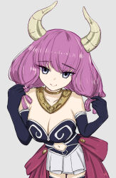 1girl aura_(sousou_no_frieren) bare_shoulders black_corset black_gloves blue_eyes braid breasts cleavage clothing_cutout corset demon_girl demon_horns elbow_gloves gloves gold_necklace grey_background hair_between_eyes highres horns jewelry large_breasts long_hair low-braided_long_hair low-tied_long_hair multiple_braids navel navel_cutout necklace pleated_skirt simple_background skirt smile sousou_no_frieren takappe thighs twin_braids white_skirt