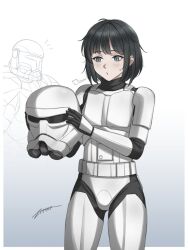1girl armor black_visor breasts galactic_empire_(star_wars) gloves helmet science_fiction short_hair solo star_wars stormtrooper stormtrooper_helmet zxpfer