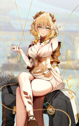 1girl absurdres aglaea_(honkai:_star_rail) all_fours bare_legs bare_shoulders black_jacket blonde_hair breast_tattoo breasts caelus_(honkai:_star_rail) closed_mouth commentary crossed_legs dress female_focus femdom foxyreine green_eyes grey_hair hand_up head_wreath highres honkai:_star_rail honkai_(series) human_chair human_furniture jacket large_breasts looking_at_viewer short_hair sitting sitting_on_person smile tattoo trailblazer_(honkai:_star_rail) white_dress