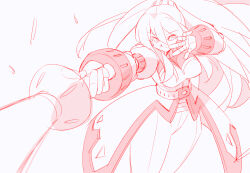 Rule 34 | 1girl, armor, energy sword, greyscale, high ponytail, holding, holding sword, holding weapon, iris (mega man), iris -another- (mega man), kaidou zx, long hair, mega man (series), mega man x (series), mega man x dive, monochrome, ponytail, red theme, simple background, sketch, skirt, solo, sword, weapon, white background