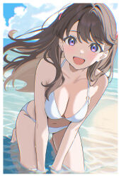 1girl :d bare_shoulders barefoot bikini blue_sky border breasts brown_hair chromatic_aberration cleavage cloud collarbone commentary floating_hair fujishima_megumi full_body halterneck highres kneeling large_breasts link!_like!_love_live! long_hair looking_at_viewer love_live! masaki_(masakinariya) navel o-ring o-ring_bikini open_mouth outdoors purple_eyes sky smile solo swimsuit two_side_up virtual_youtuber white_bikini white_border