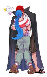 2boys absurdres black_cape blue_eyes blue_hair brown_shoes buggy_the_clown cape full_body gloves hand_on_another&#039;s_back highres kiss long_hair male_focus multiple_boys one_piece ponytail red_hair sandals shanks_(one_piece) shirt shoes short_hair short_sleeves simple_background standing striped_clothes striped_shirt surprised vamos_mk white_background white_gloves white_shirt yaoi
