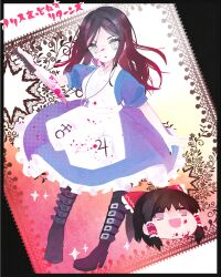 Rule 34 | 1girl, alice: madness returns, alice liddell (american mcgee&#039;s alice), american mcgee&#039;s alice, black boots, black hair, black nails, blood, blood on clothes, bloody weapon, blue dress, boots, crossover, dress, eyelashes, hakurei reimu, jupiter symbol, knife, looking at viewer, omega symbol, short sleeves, touhou, translation request, venus symbol, weapon, yukkuri shiteitte ne, zoo min