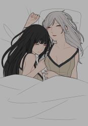 2girls alternate_hairstyle ao_saryaruhu arm_up armpit_crease armpits bed bed_sheet bedroom black_hair blush_stickers breasts cleavage clenched_hand closed_eyes collared_shirt couple eyelashes female_focus fingernails fire_emblem fire_emblem_awakening hair_down hands_up highres hime_cut implied_after_sex indoors large_breasts medium_breasts messy_hair multiple_girls neck no_coat no_headwear off-shoulder_shirt off_shoulder on_bed pillow robin_(female)_(fire_emblem) robin_(female)_(fire_emblem)_(cosplay) robin_(fire_emblem) shirt sidelocks sleeping sleeveless sleeveless_shirt swept_bangs tharja_(fire_emblem) white_hair yuri