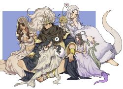 ... anklet armlet bandaged_foot bandages barefoot black_hair black_robe blue_background border bracelet breasts brown_hair brown_neckerchief cleavage closed_eyes closed_mouth commentary company_captain_yorshka crossed_arms crown dark_souls_(series) dark_souls_i dark_souls_iii dark_sun_gwyndolin dragon_tail dress english_commentary filianore_(dark_souls) forehead_jewel fur-trimmed_dress fur_trim gold_crown gold_headwear grey_hair hand_on_own_face hand_on_own_knee heart highres jewelry long_hair looking_at_another looking_at_viewer medium_breasts nameless_king navel neckerchief parted_lips priscilla_the_crossbreed purple_dress queen_of_sunlight_gwynevere robe see-through_clothes see-through_veil sitting sleeping sleeping_on_person smile spoken_heart spoken_zzz stomach tail tail_raised toes tworain_w veil wavy_hair white_border white_dress wide_sleeves yellow_eyes zzz